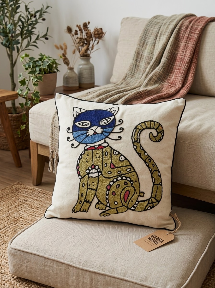 Cat cushion covers, blue face cat on a sofa