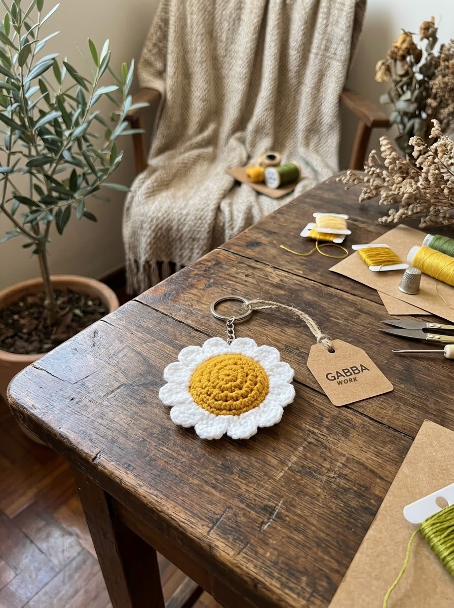 Crochet flower keychain, daisy