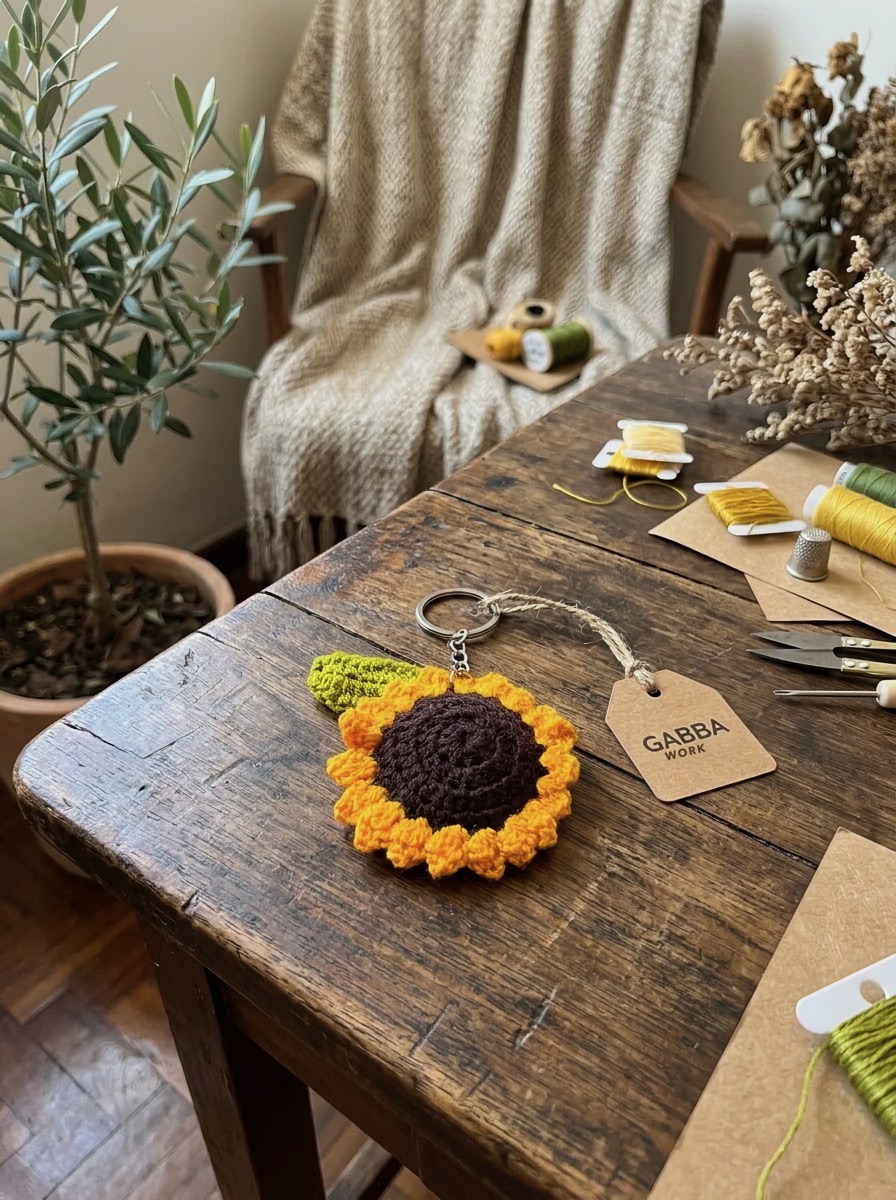 Crochet flower keychain, sunflower