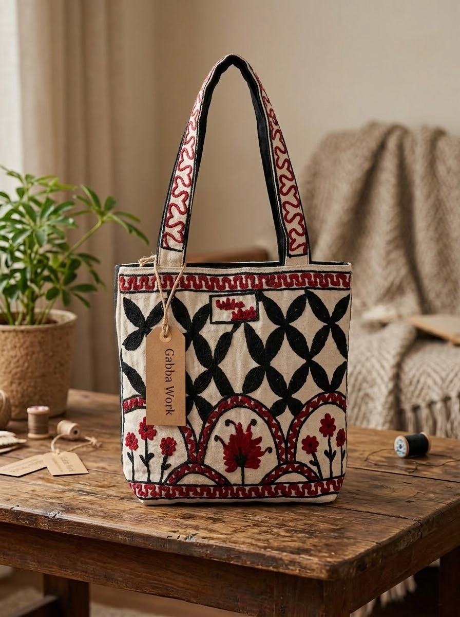 Khaddi bag, black lattice and red arches