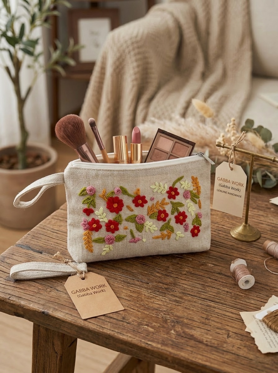 Embroidered makeup pouch, red flowers