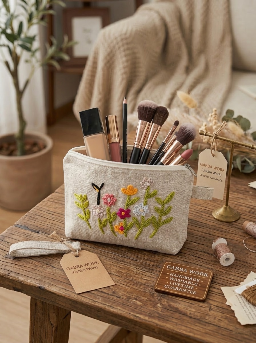 Embroidered makeup pouch, wildflowers