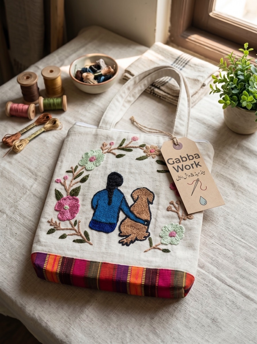 Story bag, girl and dog
