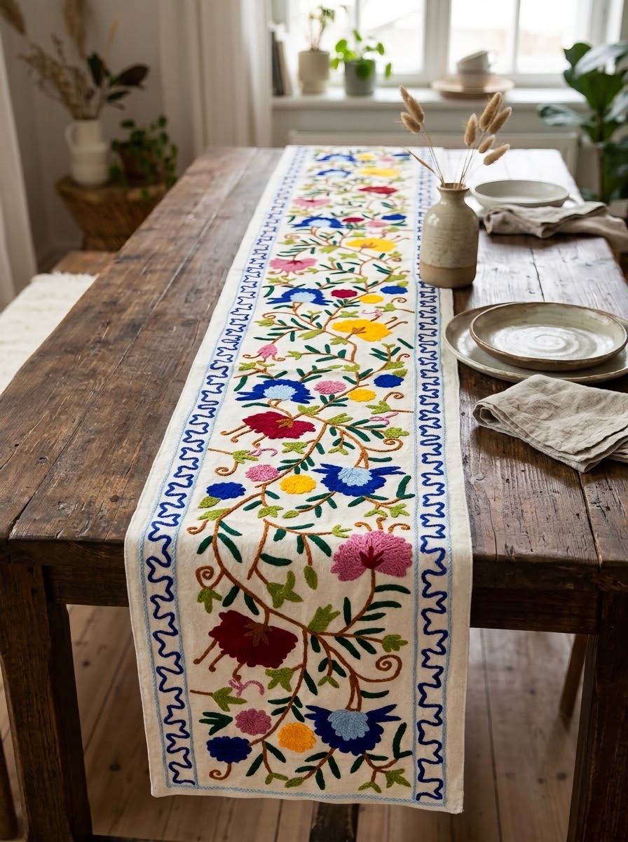 Table runner, blue and yellow florals