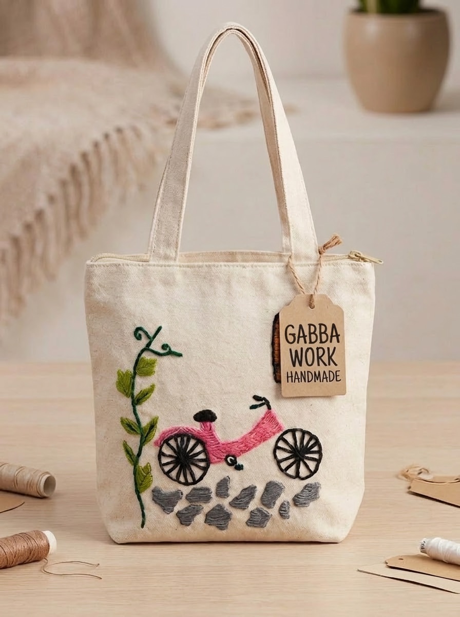 Embroidered tote bag, pink bicycle