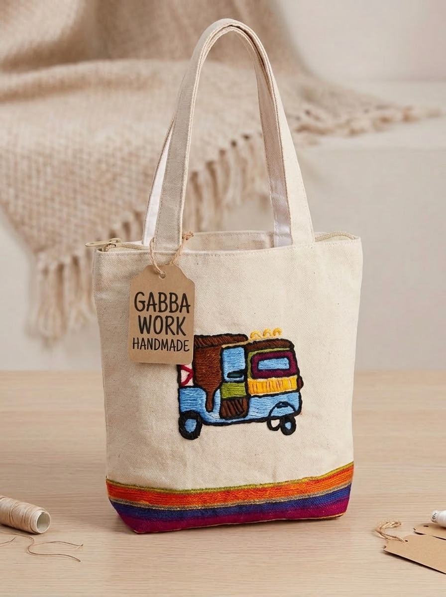 Embroidered tote bag, rickshaw