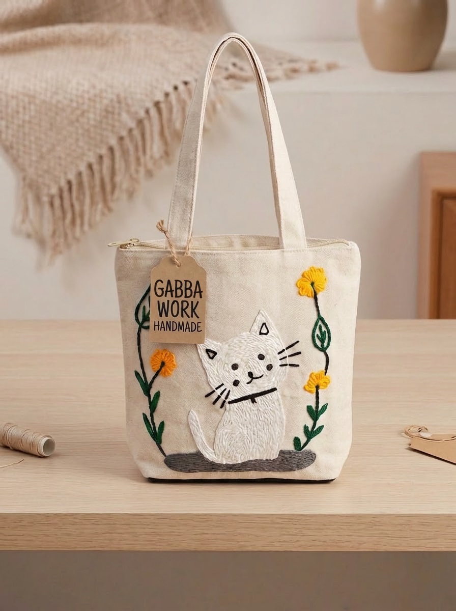 Embroidered tote bag, white cat with flowers