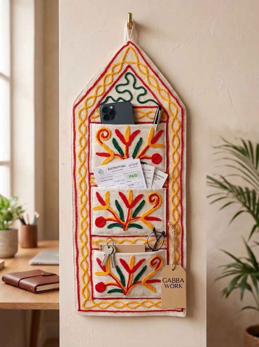 Embroidered wall hanging with pockets