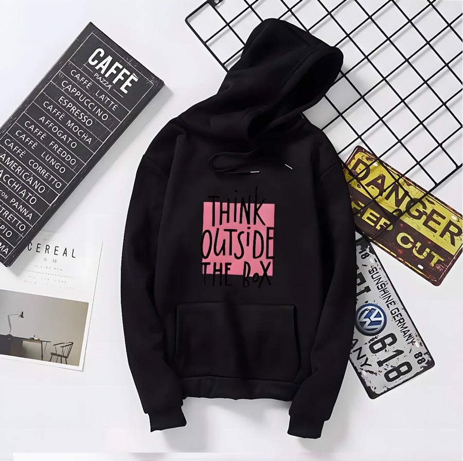 Printed oversized hoodie, think outside the box print, black