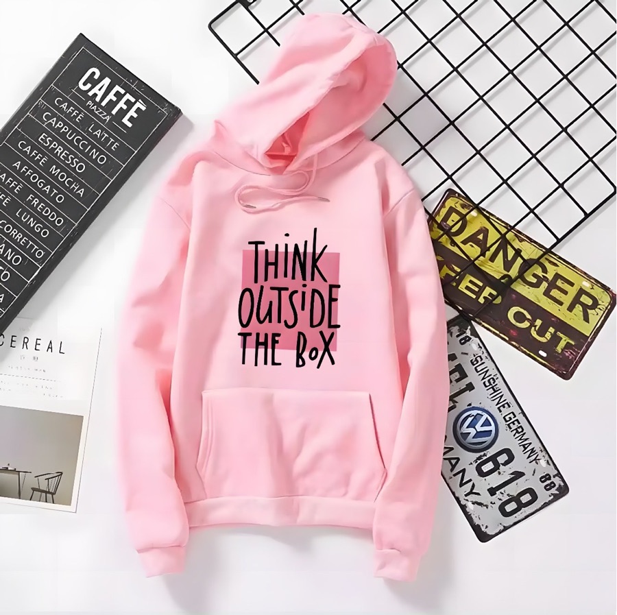 Printed oversized hoodie, think outside the box print, pink