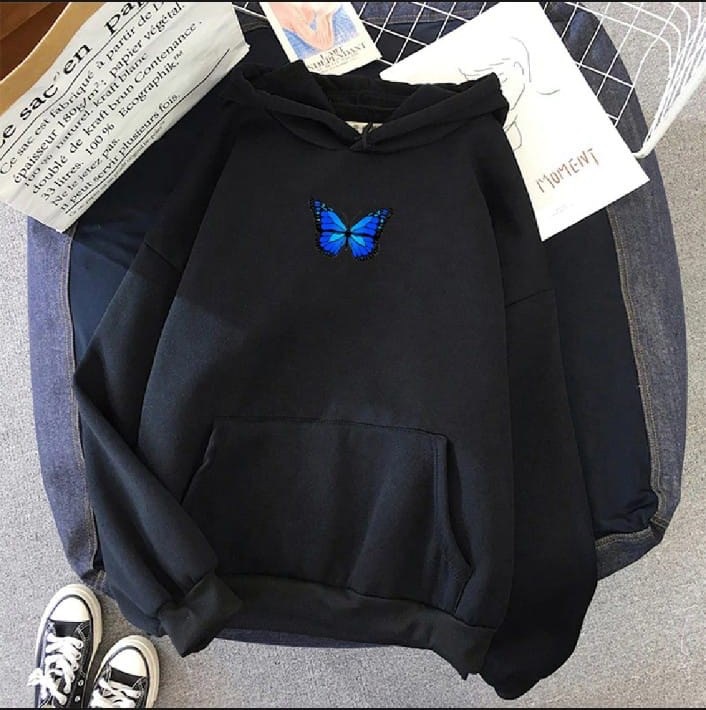 Printed oversized hoodie, blue butterfly print, black
