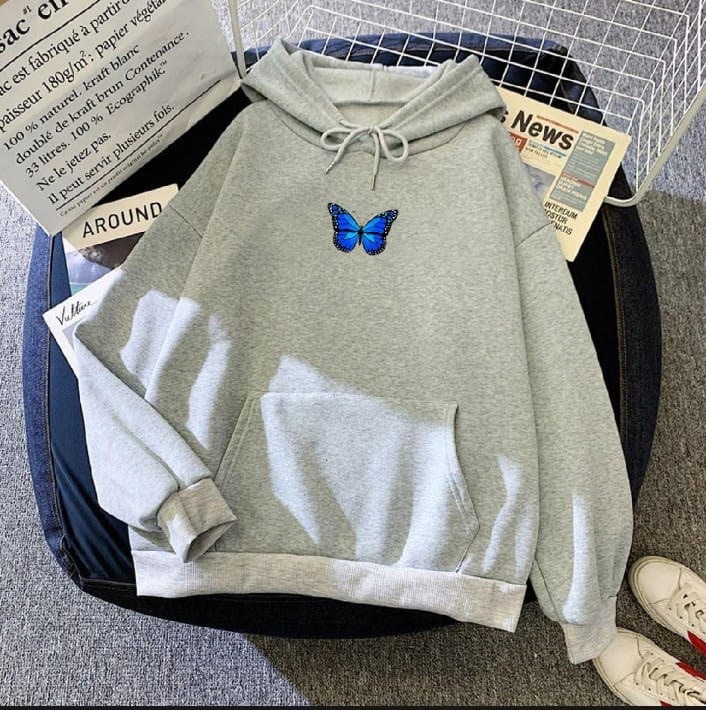 Printed oversized hoodie, blue butterfly print, grey