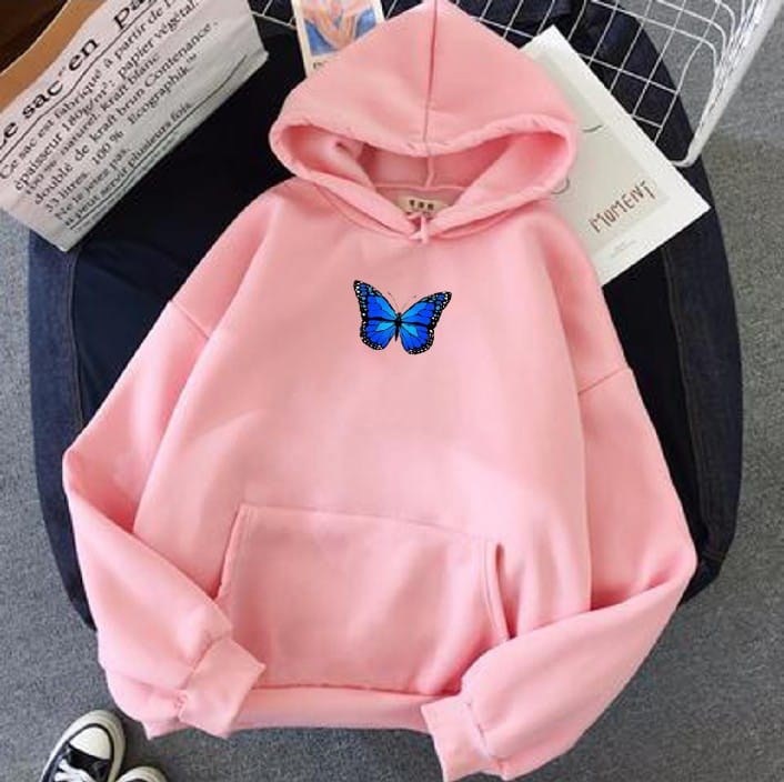 Printed oversized hoodie, blue butterfly print, pink
