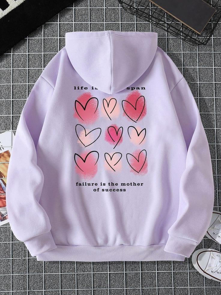 Printed oversized hoodie, hearts back print print, lilac