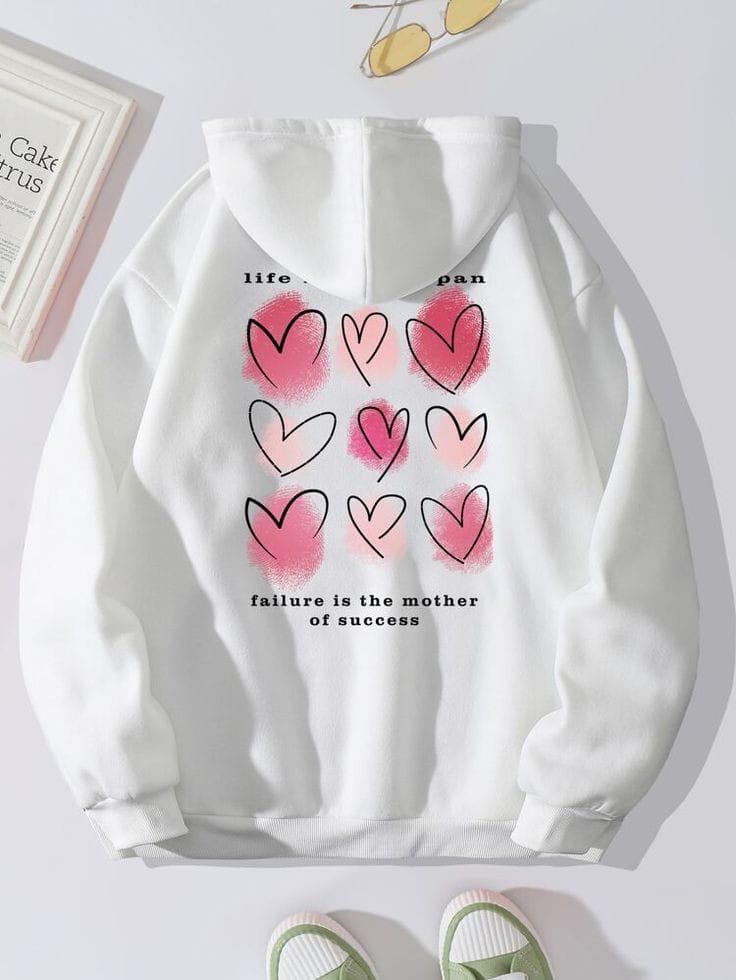 Printed oversized hoodie, hearts back print print, white