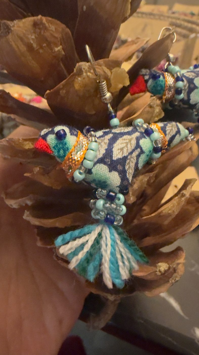 Fabric bird earrings, blue print